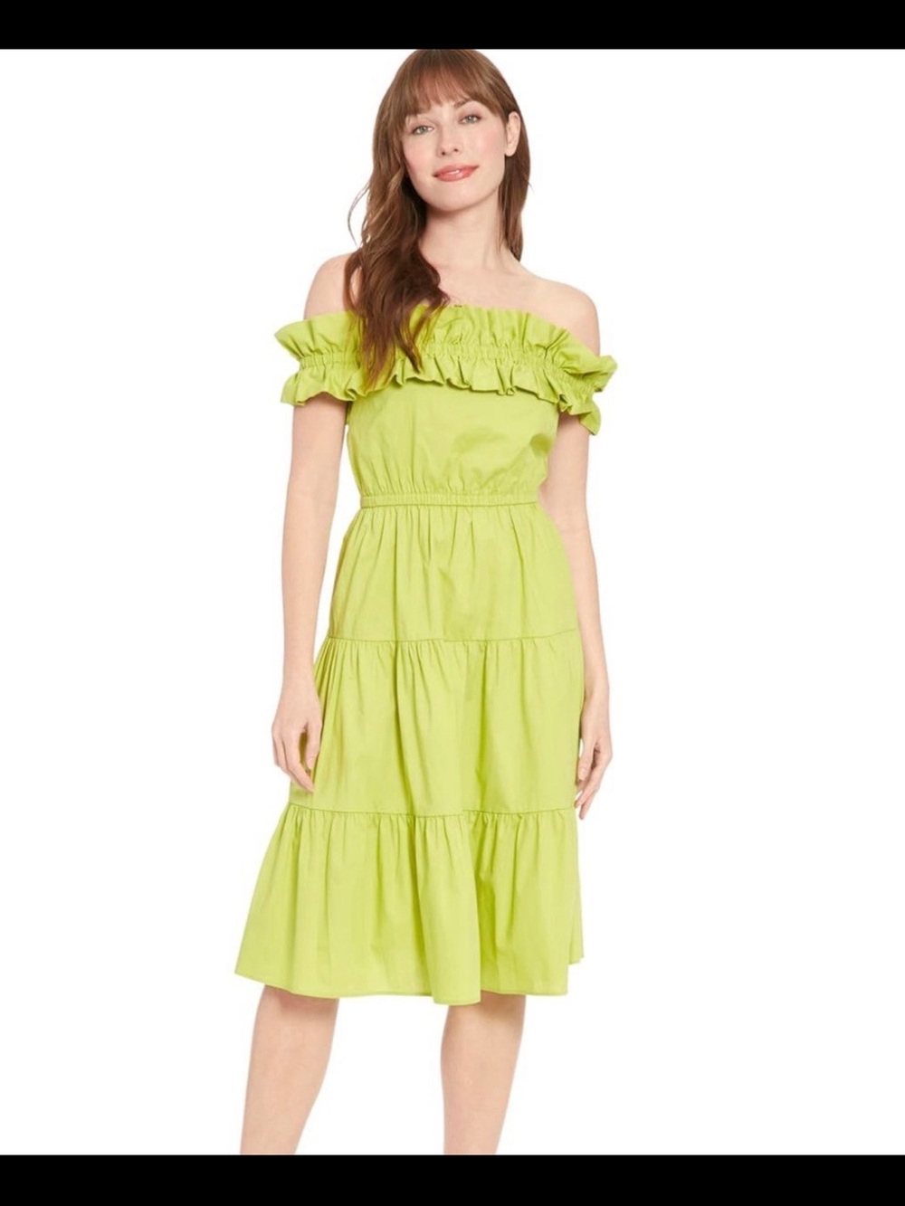 London Times Lime Green One-Shoulder Tiered Midi Dress